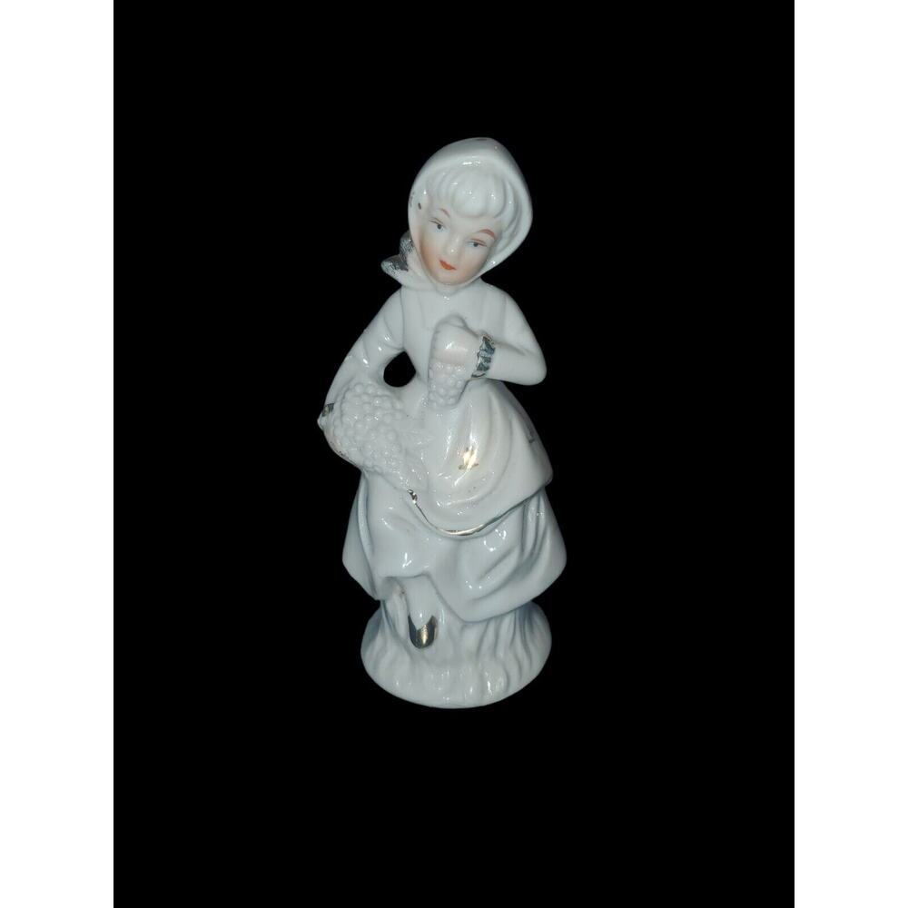 VINTAGE PORCELAIN LADY FIGURINE W GRAPE Harvest White & GOLD EUC